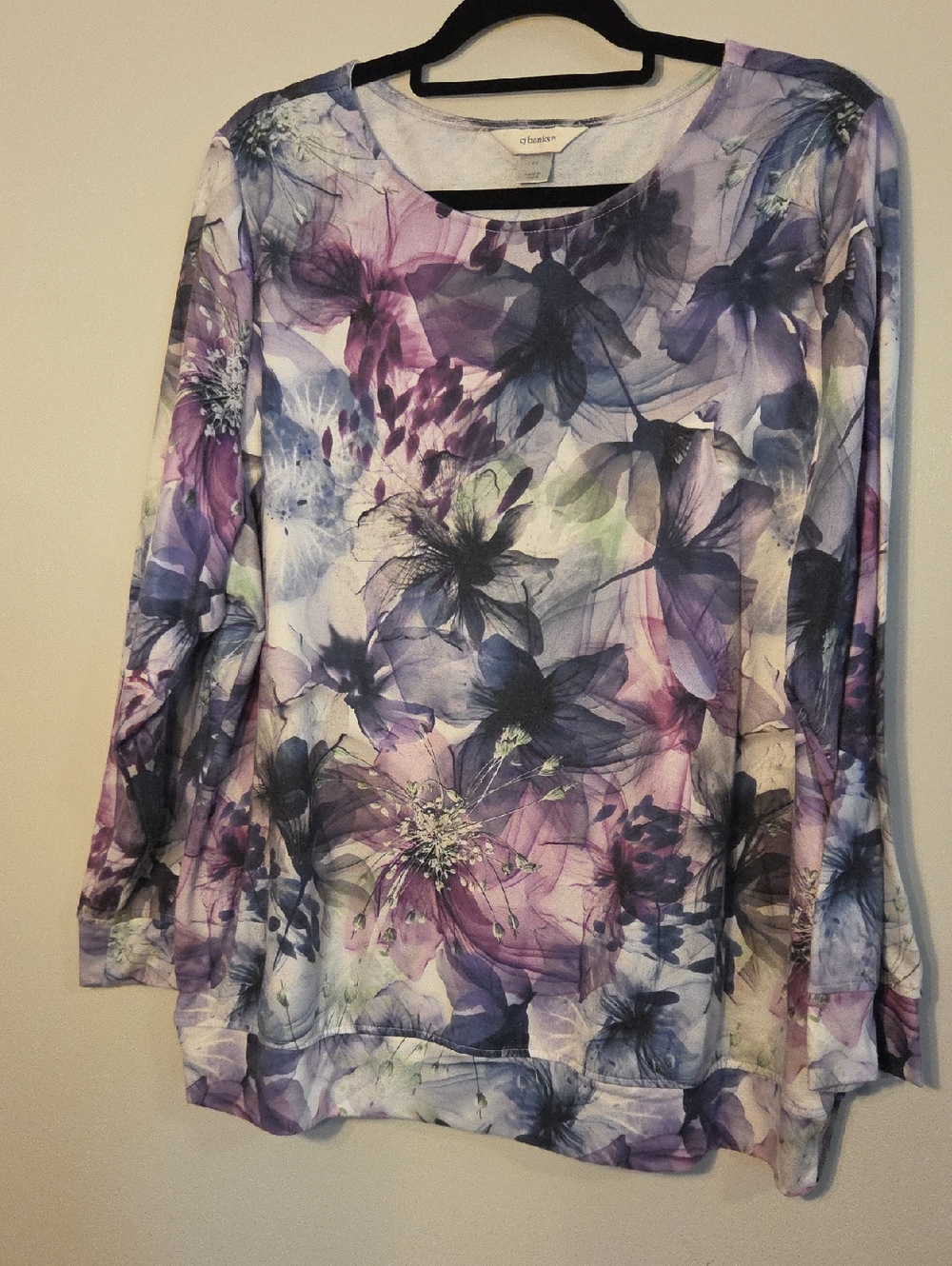 CJ Banks Purple & Blue Floral Long Sleeve Scoop Neck Top